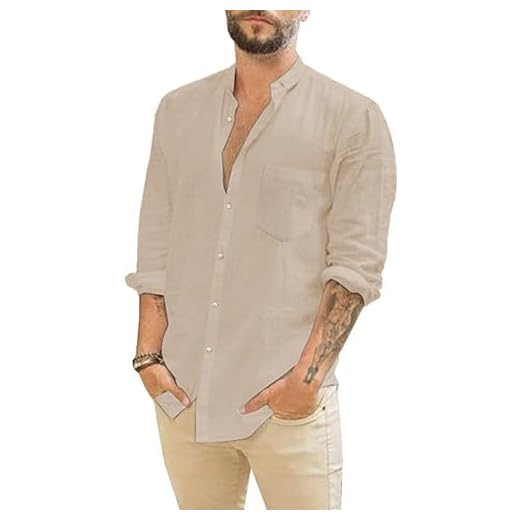 LVCBL Business Freizeithemd Herren Langarm Leinen Comfort Fit Klassisch Hemd Männer Khaki L