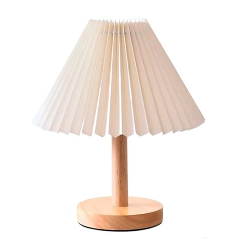 Luminária de Mesa Boho, Base em Madeira, Cúpula Plissada, Luz Ama...