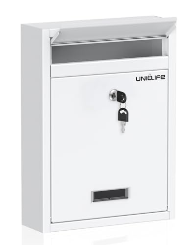 Uniclife Wall Mount Mailbox for Outside, Locking Mailbox, Large Mailbox with Key Lock, Security Mail Box for House, Safe Key Drop Box, Post Box, Steel Cash Drop Box for Home Office School, White