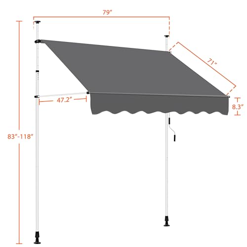 Yaheetech Manual Retractable Awning, 78\"×118\" Outdoor Sunshade Shelter Angle & Height Adjustable NO Drilling Patio Door Window Awnings, Canopy with UV Protection for Backyard, Dark Gray
