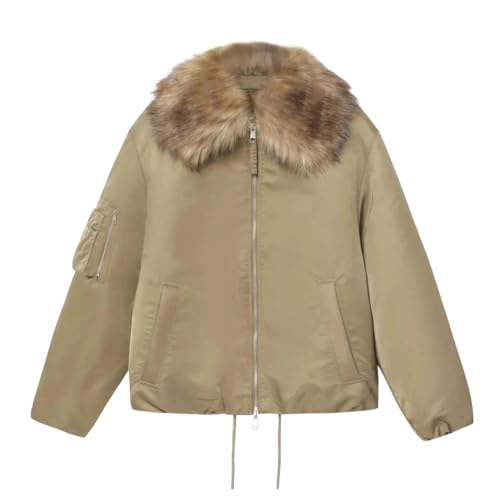 Women's Warm, Vintage-Style, Loose-Fitting Jackets With Zipper Closure. Khaki S
