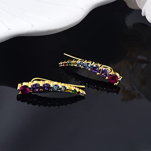 Crawler Earring For Women, Climber Earrings 9 Crystals Ear Cuffs Hypoallergenic Earrings Hoop Cartilage 14K Gold Plated Stud Earrings With Cz Jewelry For Mother's Gift Gift Birthday Anniversary (Colorful) #TOP4
