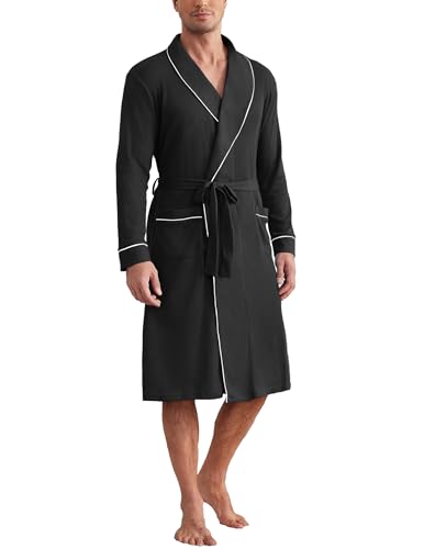 Ekouaer Mens Robes Lightweight Waffle Knit Kimono Bathrobe Long Sleeve Sleepwear Soft Knee Length Robe with Pockets S-3XL