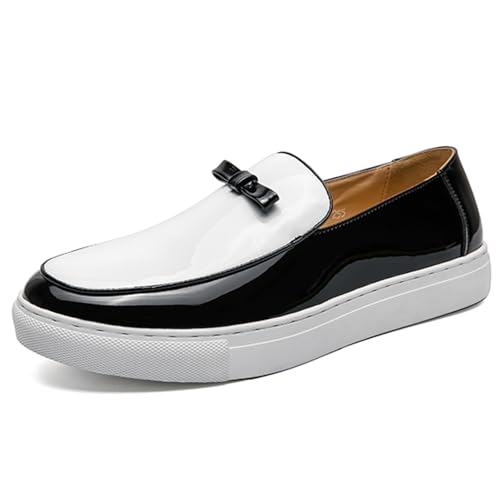 Men's Patent Leather Penny Loafers with Bow Round Toe Slip-On Flat Business Formal Shoes Casual Driving Work Shoes