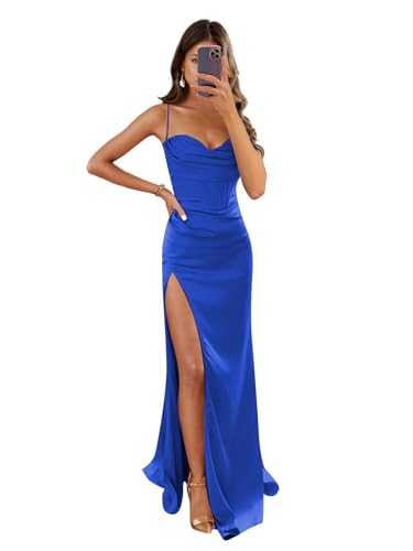Image of Women's Mermaid Prom Dress with Slit Satin Bridesmaid Dresses Long Corset Evening Formal Party Gown