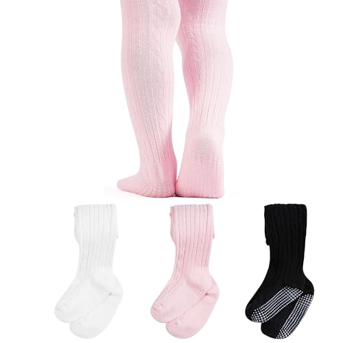 ZERULETS Baby Girl Tights Non Slip Skid Cable Knit Leggings Stockings Cotton Thick Warm Pantyhose for Toddler 3 PackBlack White Pink 2-4t
