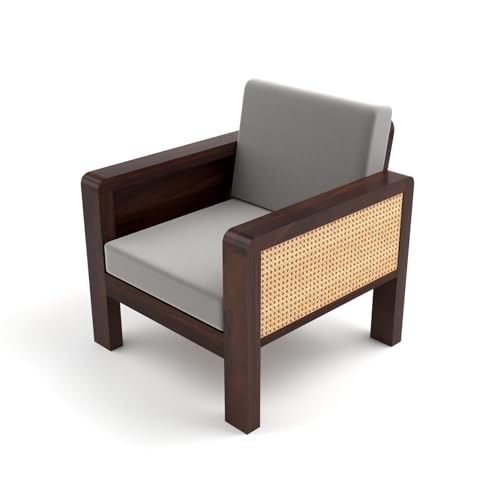 Image of Sheesham Wooden 5 Seater Sofa for Living Room | Solid Wood Sofa with Cane Side Panel | Rosewood Sofa Set for Home & Office | Lounge (Walnut Finish, 3+1+1 Seater)