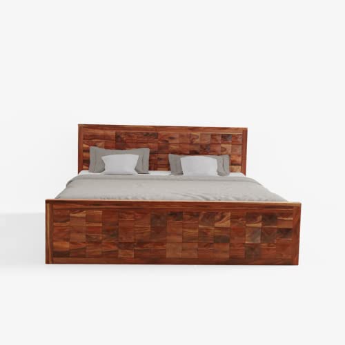 Image of Wooden King Size Bed for Bedroom | Solid Wood Double Bed Cot Bed with 2 Drawer Side Storage | Sheesham Wood, Honey Finish