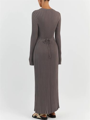 Image of RanRui Womens Winter Fall Pleated Knitted Fit and Flare Long Sleeve Sweater Dress