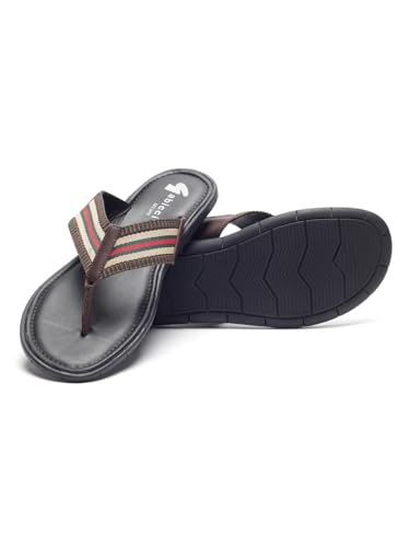 Image of Gabicci Mens Thong Slipper, Slip On Entry, (Size 40-45), Top Grain Leather, Casual Lounging Slipper, TPR Sole, Flat Heel, Sandy Trim Toe Post
