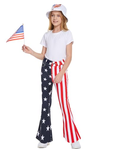 Girls Bell Bottom Jeans 3-14 Years Kids American Flag Flare Pants Denim Elastic High Waisted Slimming