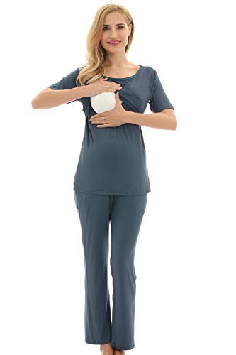 Bearsland Women's Maternity Pregnancy Sleepwear Set Nursing Breastfeeding Pajamas,Grayblue,L #TOP5