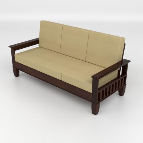 Image of Solid Sheesham Wood 3 Seater Sofa for Living Room | Premium Wooden Sofa with Side Magazine Rack | Comfortable Fabric Cushions | Modern Home & Office Furniture