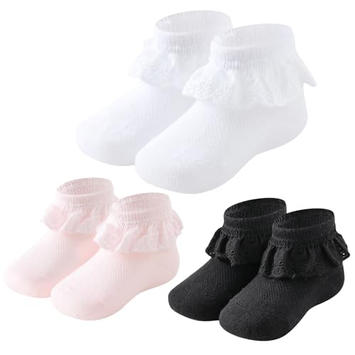 Mini angel Baby Girls Socks Eyelet Ruffle Lace Frilly Dress Socks for Newborn Infant 3 Pairs...