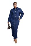 Women's Denim Maxi Skirt Set with Cropped Jacket, Two Piece Outfit, Button Front...