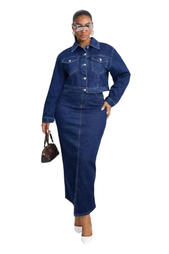 Women's Denim Maxi Skirt Set with Cropped Jacket, Two Piece
