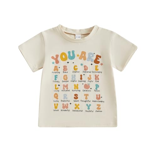 Faithtur Back to School Outfits for Girls Boys Toddler Letter Print First Day of School Shirt for Preschool Kindergarten (Apricot 6-7 Years)
