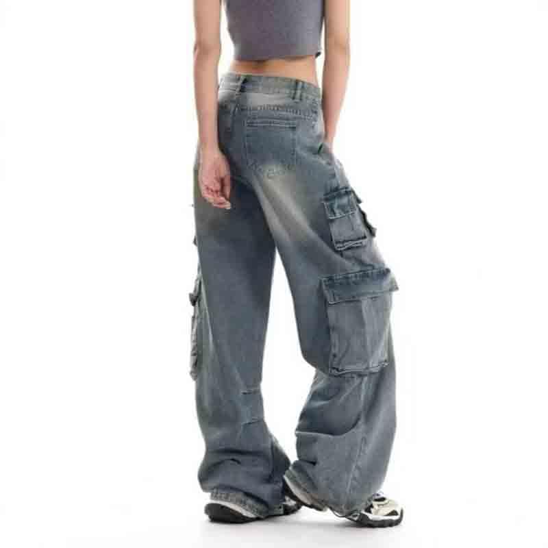 BXCNCKD Women's Retro Y2K Jeans with Multiple Pockets Loose Straight Leg Pants Street Trend Cargo Pants4