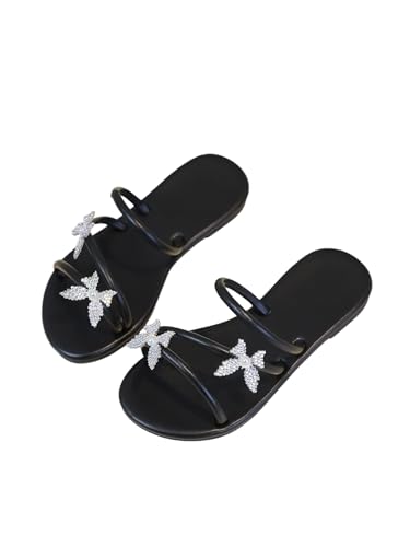 MakeMeChic Girl's Butterfly Strappy Rhinestone Flat Sandals Glitter Slip On Slides Summer Shoes