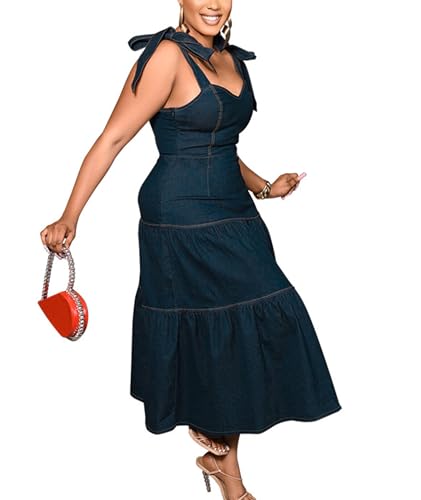 Sexyshine Women's Spaghetti Strap Plus Size Denim Dress Tie Knot Sleeveless A Line Ruffle Layered Maxi Dress Jeans Dresses2