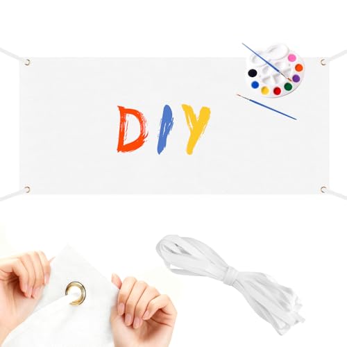Banderole Vierge 300 x 50 cm Bannières Blanche,Grandes Bannières Vierges Blanche Polyester Banniere avec Corde de Suspension de 6 m pour DIY Mur Extérieur...