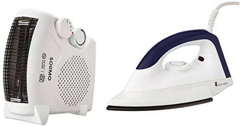 Image of Amazon Brand - Solimo 2000-Watt Room Heater (ISI Certified, White Colour, Ideal for Small to Medium r & 1000-Watt Dry Iron (White and Blue) Combo
