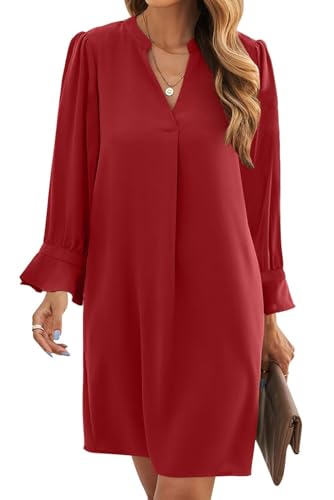Image of Wkior Womens Fall Ruffle Long Sleeve V Neck Shift Dresses (S-XXL) | Casual Loose Design, Breathable Fabric, Fall Lightweight Clothes,Vacation Travel Outfit, Essential Fashion Dress
