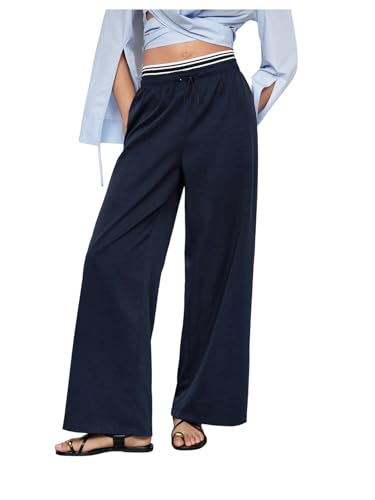 MakeMeChic Women's Striped Drawstring Waist Pants Straight Leg Baggy Summer Lounge Trousers