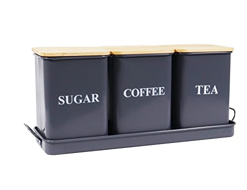 Xbopetda Juego de 3 botes de té y café, azúcar, lata de almacenamiento de metal para café, azúcar y té, tarros de almacenamiento de cocina con tapa de madera y bandeja de metal, té, color gris