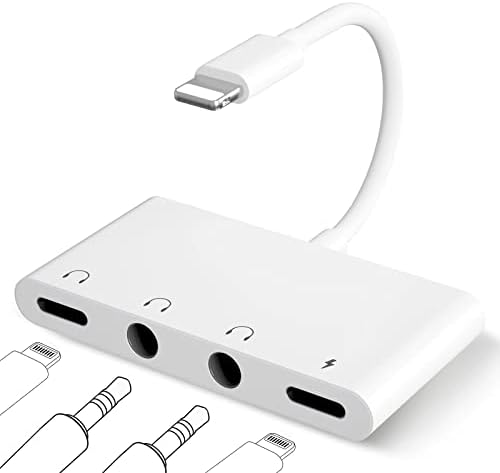 AMLLXEN iPhone Headphone Adapter, 4 in 1 iPad Headphone Jack Splitter with Dual 3.5mm Aux Audio Splitter+Lighting Headphone Jack +Charging Port, Dongle for iPhone14 13 12 11 X 8 7/ iPad -Support iOS