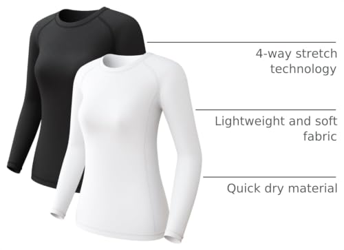 Image of Womens Long Sleeve Compression Shirts Sun Protection Workout Underscrubs | UPF 50+ breathable UV SPF rash guard, Moisture wicking dry fit cooling undershirt, Snug stretch tops for gym & daily wear