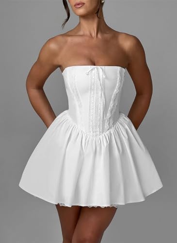 kiobrvhe Women's Sexy Solid Strapless Party Dress Off Shoulder Sleeveless Mini Dress Y2k Bubble Skirt Summer Casual Bandeau4