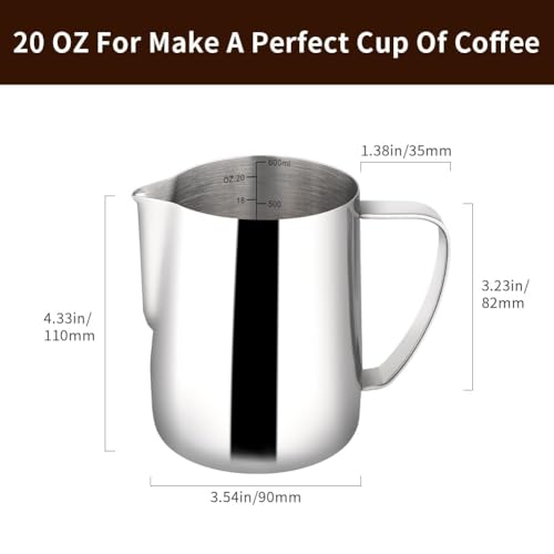 Image of watchget Milk Frothing Pitcher 20oz Stainless Steel Latte Art Milk Jug | Espresso Steaming Pitcher, Milk Coffee Cappuccino Latte Art Barista Steam Pitchers,Barista Coffee Bar Accessories, Silver