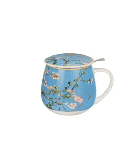 Duo Taza barril con infusor y tapa de porcelana New Bone China – Almendro en flor, diseño artístico inspirado en Van Gogh – Ideal para té e infusiones Porcelain