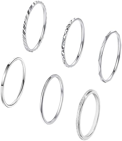 MJust 6pcs 1mm Stainless Steel Plain Band Rings for Women Simple Thin Knuckle Stacking Thumb Rings Fashion Midi Finger Rings 1mm Wedding Band Comfort Fit Size 5-9 (Silver Tone, 7)