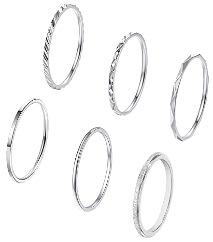 MJust 6pcs 1mm Stainless Steel Plain Band Rings for Women Simple Thin Knuckle Stacking Thumb Rings Fashion Midi Finger Rings 1mm Wedding Band Comfort Fit Size 5-9 (Silver Tone, 9)