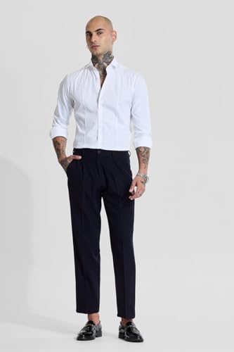 Image of SNITCH Men Formal Trousers | Regular Fit Pleated Front with Turned-Up Hem | Polyester Blend & Medium Stretch Fabric for Office & Winter Wear