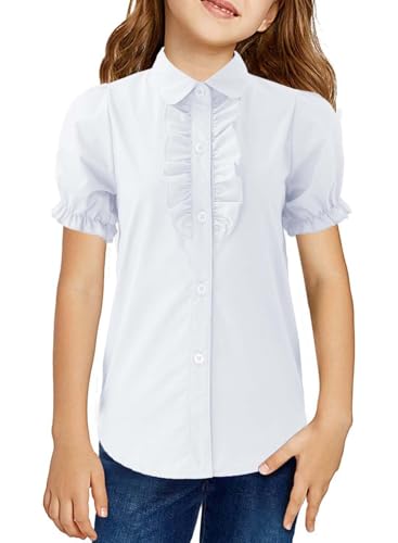 Girls Short Sleeve Button Down Shirts Ruffle School Uniform Crop Tops Peter Pan Collar Plaid Blouse 4-13Y