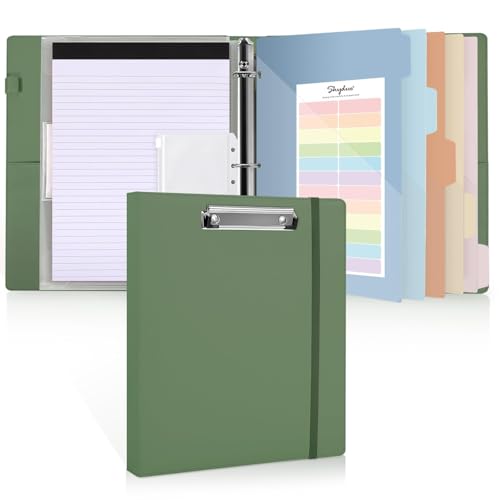SKYDUE Clipboard Binder with Refillable Notepad, PU Clipboard Folder Includes 5 Dividers with 10 Pockets, Labels, 3 Ring Binder 1 Inch for School Office (Fit Letter Sized Paper),Olivegreen