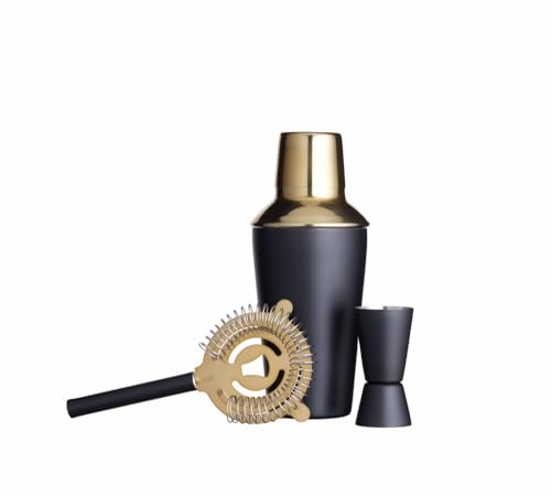 Image of Barcraft Premium Cocktail Making Kit for thinKitchen - 3-Piece Black & Gold Gift Set with 500ml Boston Shaker, Jigger & Strainer - Stainless Steel Barware, 10 x 10 x 19 cm