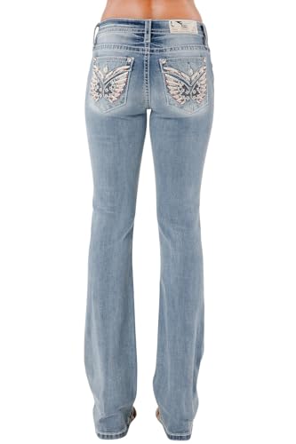 Miss Me Women's Erica Wing Embellished Faux Flap Pockets Mid-Rise Bootcut Jeans