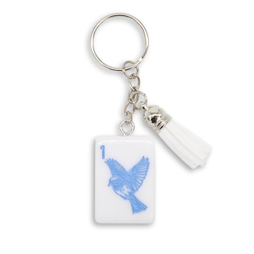 Mahjong Tile Keychain, Blue Bam Bird Design with White Tassel, 1.5 x 1 inches, Mahjong Accessories, Gifts, and Prizes