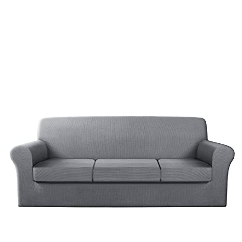 TAOCOCO Stretch Sofa Covers 4 Pieces Soft Slipcovers with 3 Seat Cushion Couch Cover Replacement Coat for Settee Ektorp Sofa Furniture Protector Spandex Jacquard Fabric Light Grey