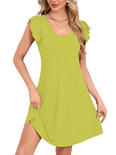 DEARCASE Womens Summer T-Shirt Dresses V Neck Elegant Classy Ruffle Sleeve A-line Tunic Dress 2026 with Pockets Avocado Green Large