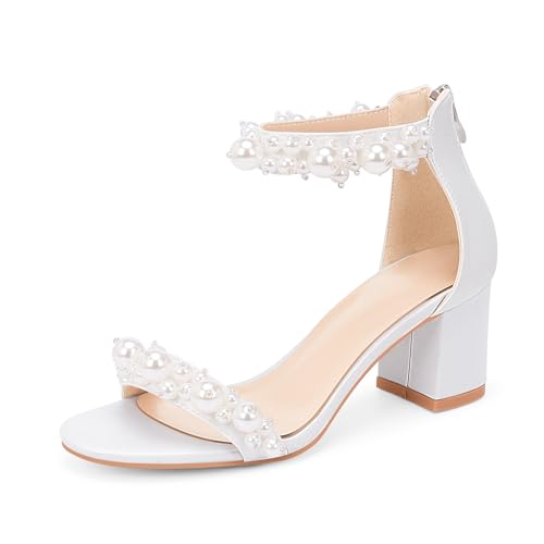Women's Pearl Decoration Ankle Strap Sandals Chunky Block Heel Wedding Party Shoes