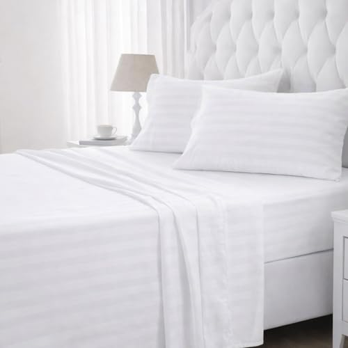 Image of Cott Linen Flat Bed Sheet with 1 Pillow Covers 600 Thread Count 100% Egyptian Cotton Bedsheet Single Size White Stripe Sheet