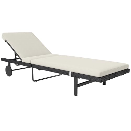 Outsunny Bain de Soleil Chaise Longue avec Coussin en résine tressée, transat Jardin extérieur inclinable avec roulettes pour Plage Relax Piscine terrasse, 198 x 65 x...