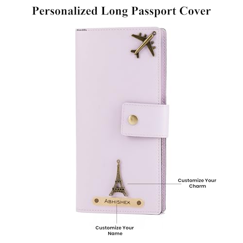 Image of AICA Personalized Name & Charm Long Leather Wallet Passport Cover with (Purple) Passport Boarding Pass Currency Card Slot & Coin Holder for Men & Women|Corporate Gift Employee Colleagues| Diwali Gifts