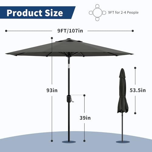 Patio Umbrella 9ft, Table Umbrella Outdoor Patio UV Protection with Crank Lift & Push Button Tilt, 8 Sturdy Ribs for Yard, Deck, Pool - Gray