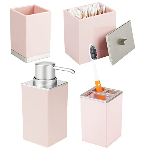 mDesign Plastic Bathroom Vanity Countertop Accessory Set - Includes,Soap Dispenser, Toothbrush Holder, Lidded Canister, Tumbler Rinsing Cup; Lumiere Collection - Set of 4 - Light Pink/Brushed Chrome